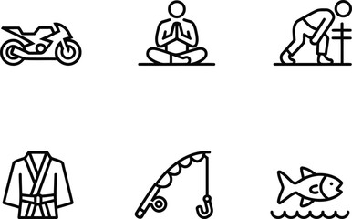 Hobby and lifestyle icons representing sports meditation and outdoor activities