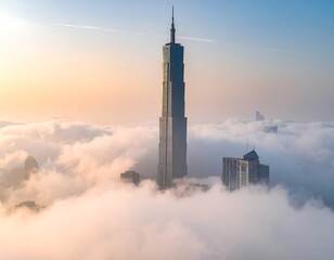 A towering skyscraper pierces through a sea of dense, fluffy clouds at dawn, casting a golden glow across the scene