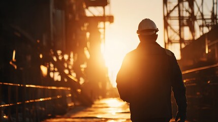 Construction worker walks at sunset with glowing industrial background.