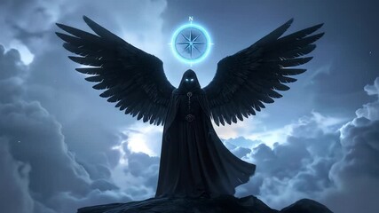 A cloaked figure with large wings stands on a peak, a glowing compass above, set against a cloudy sky. - Powered by Adobe