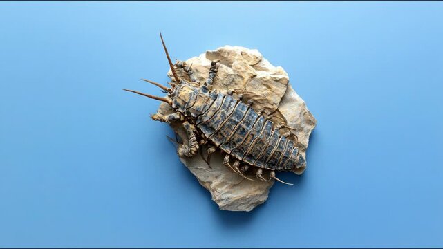 A detailed, top-down view of a large, segmented insect on a rock against a sky-blue background