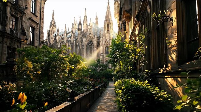 A sunlit gothic cathedral looms behind a path bordered by lush greenery. The scene is framed by leafy branches and bathed in a warm glow