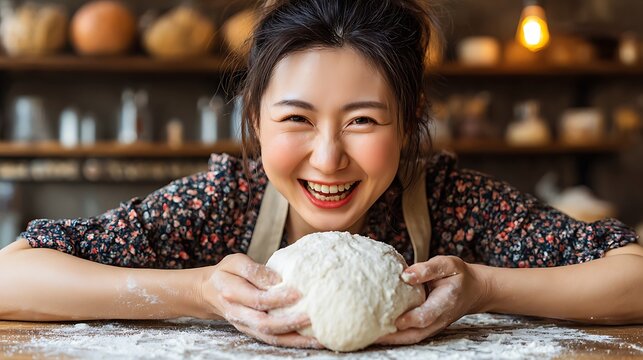 Happy baker holding dough, smiling at the camera in a cozy kitchen setting - Powered by Adobe