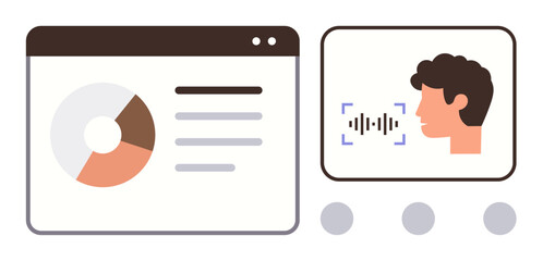 Dashboard displaying a pie chart and text beside a voice recognition interface analyzing speech input. Ideal for technology, data, communication, AI, speech analysis, user interaction, simple flat