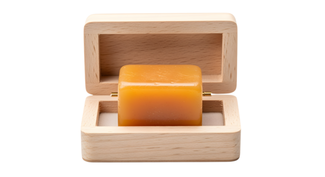 Elegant amber cube in wooden box, showcasing a unique presentation and modern style