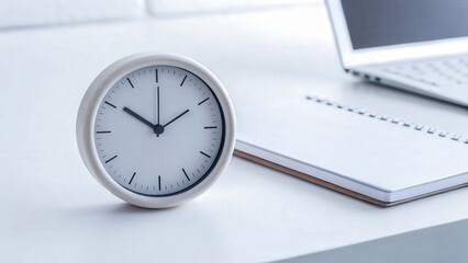 Digital detox relaxation A modern clock on a desk beside a laptop and notebook, symbolizing time management.
