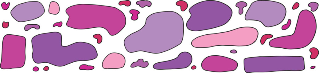 A collection of abstract geometric and organic purple and pink shapes in a stylish 90s cartoon aesthetic. Suitable for trendy designs and decor. Grunge style
