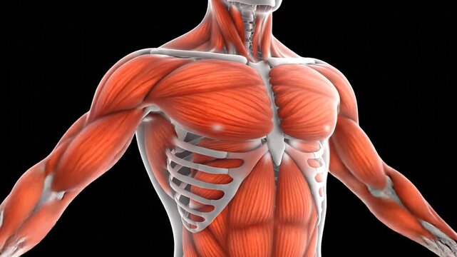 Detailed 3D Animation of the Human Male Muscular System Flexing the Chest and Arms