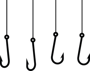Four simple black fishing hooks hanging isolated on a white backdrop