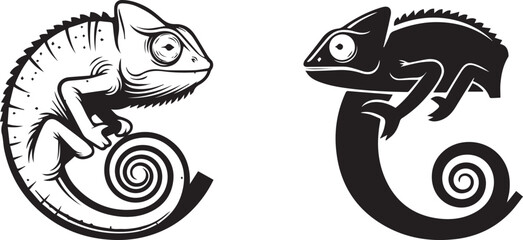 Stylized Chameleon Illustrations: Detailed Outline and Solid Silhouette with Spiral