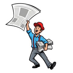Newspaper boy cheerful delivering news fast isolated on white background