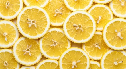 Overhead view of vibrant yellow citrus fruit slices, creating a cheerful and refreshing pattern