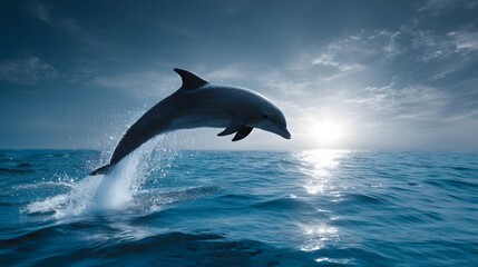 Fototapeta premium Dolphin leaps from ocean waves during a dramatic sunset.