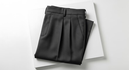 Men's dark grey formal trousers neatly folded on a clean white surface