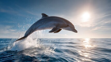 Fototapeta premium Dolphin leaps joyfully from the ocean waves under the bright sun.