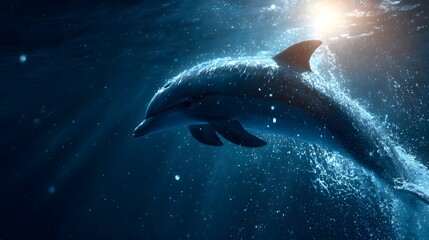 Fototapeta premium A solitary dolphin surfaces creating a splash in the sunlit ocean.