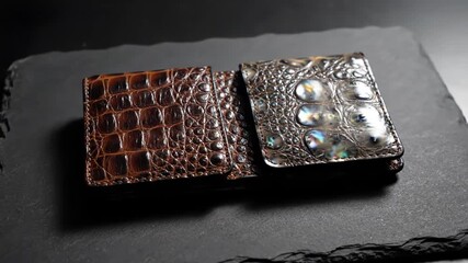 Two Stylish Crocodile Leather Wallets on a Dark Surface. - Powered by Adobe