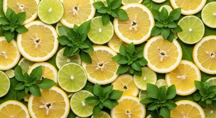 Citrus mosaic Lemon and lime slices interwoven with vibrant green basil leaves forming a fresh, appealing arrangement