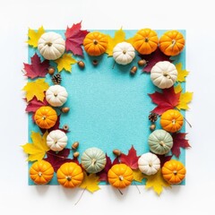 Autumn harvest thanksgiving pumpkins and leaves frame isolated on white background