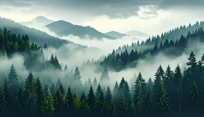 A serene view of foggy mountains covered in a lush evergreen forest under a cloudy, atmospheric sky.