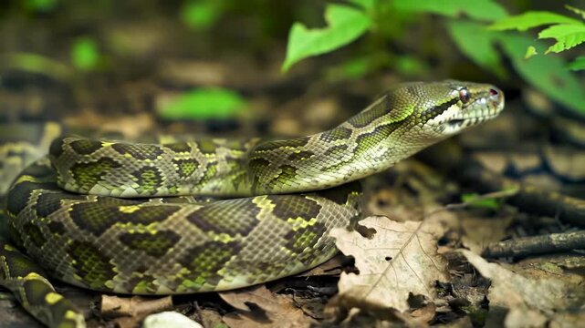 A close-up shot of a python resting on forest floor, scales and textures are distinct