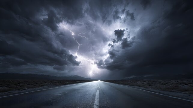 A dark stormy sky with lightning strikes illuminates a wet road ahead.