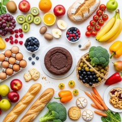 Abundant variety of fresh fruits vegetables and baked goods isolated on white background