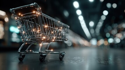 Shopping cart with glowing lights in a blurred background, representing shopping online