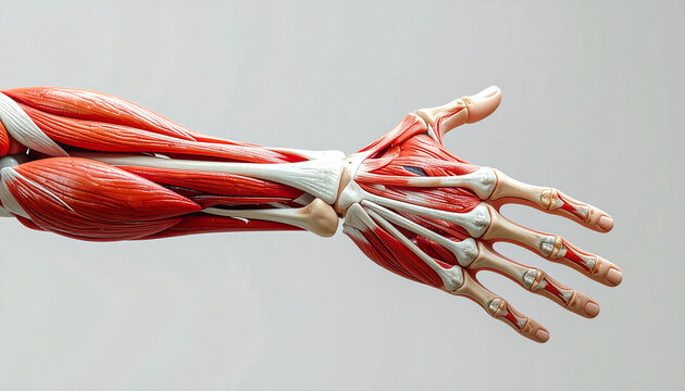 Anatomical model of a human forearm and hand showing the intricate structure of muscles, tendons, and bones.