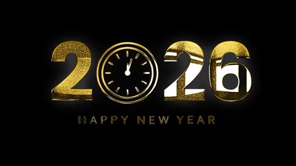 Happy New Year 2026 text with clock design golden glitters shine animation - Powered by Adobe
