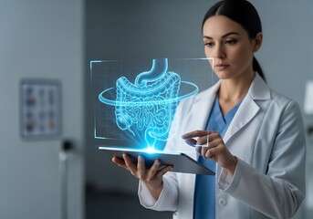 A female doctor examines a holographic display of the human digestive system, using a tablet in a medical setting.