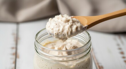Closeup of bubbly sourdough starter in a glass jar with a wooden spoon scooping some out, ready for baking bread