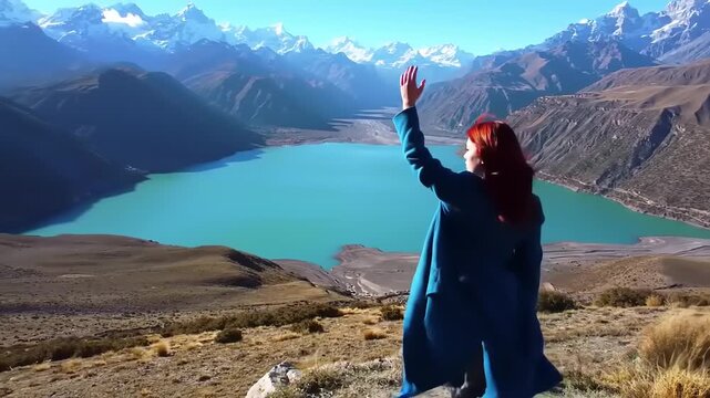 Woman appreciates mountain scenery near lake under sunny skies