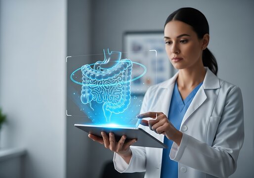 Female doctor in lab coat interacts with a holographic projection of the human digestive system on a tablet.