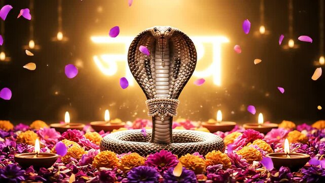 Nag Panchami Adorned Cobra with Candles and Flowers for Hindu Festival