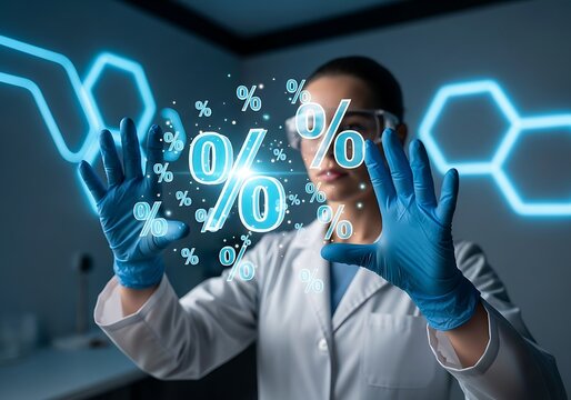 Scientist in lab coat and gloves manipulates percentage symbols in a futuristic digital environment.