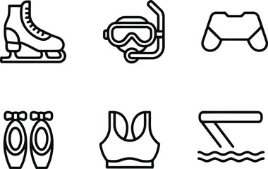 Various sport equipment for different activities including ice skating diving