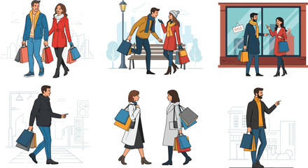 Naklejka premium Cartoon People Shopping and Walking Near Stores with Bags, SALE Signs, and Winter Clothing, Calm Mood, Six-Scene Lifestyle Series