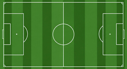 Aerial view of a green soccer field with white markings and striped grass pattern, perfect for sports events and game strategy visuals