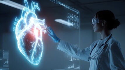 Doctor interacts with holographic heart model in futuristic medical lab.