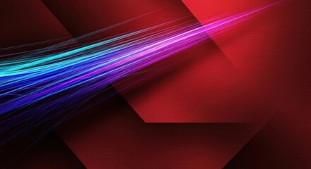 Vibrant blue and purple light streaks burst across a dark red, geometric background