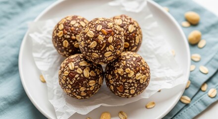 Plate of five healthy homemade energy balls made with oats, dates, and nuts, sprinkled with more oats and nuts