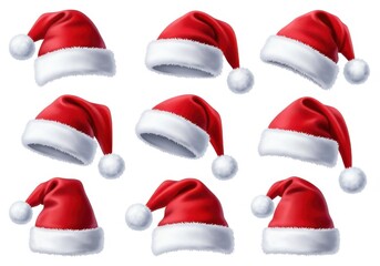 Collection of nine red santa hats with white trim isolated on white background