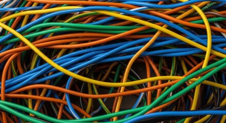 A tangled mess of colorful electrical wires, including blue, green, orange, and yellow, creating a chaotic yet visually interesting pattern