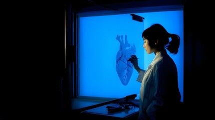 Scientist studies human heart anatomy on a glowing blue display.