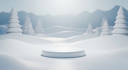 Snowy winter scene a white pedestal sits in a landscape of snow-covered hills and stylized fir trees