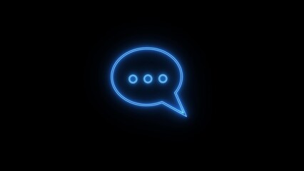 Glowing blue neon speech bubble icon with three dots inside on a dark background representing communication