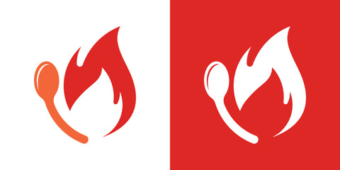 Modern minimalist logo combining a flame and spoon symbol, representing hot food, cooking passion, and culinary creativity.