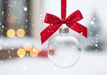 Christmas ornament with red bow snowing holiday decoration isolated on white background