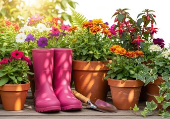 Gardening boots plants pots tools sunny garden scene isolated on white background
